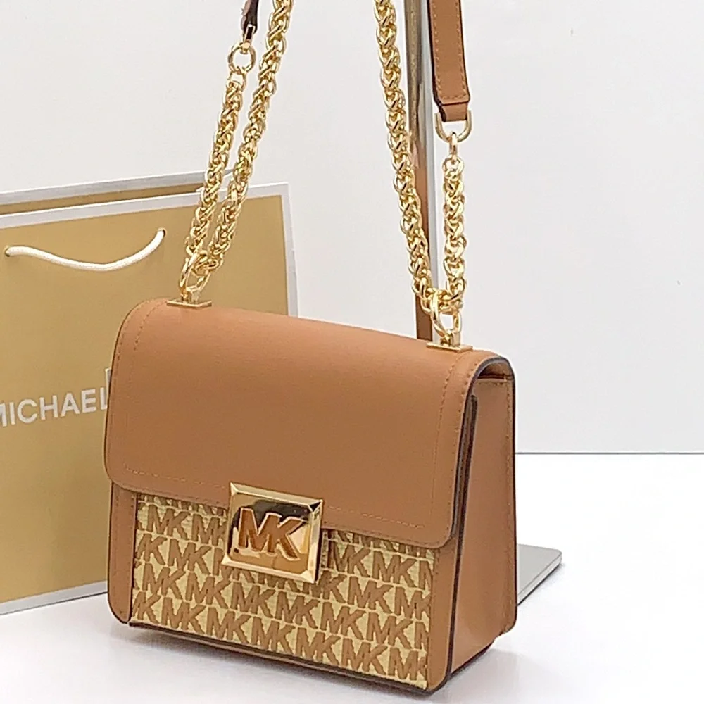 Michael Kors Caramel Tan MK Monogram Chain Shoulder Bag